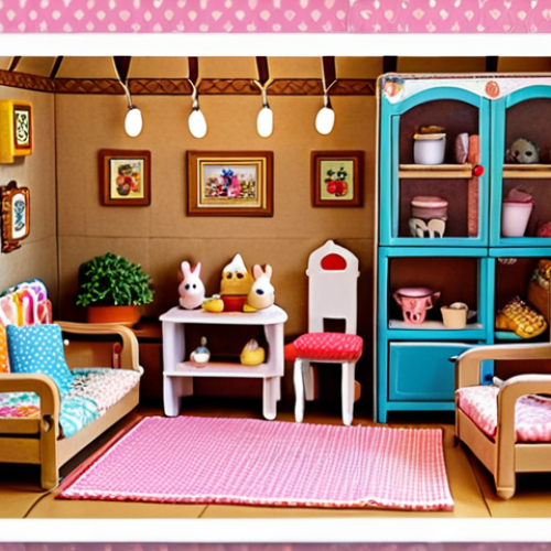 Home 11 **A cozy Sylvanian Families house made from cardboard boxes, decorated with colorful fabrics and paper, featuring handmade furniture.** (Focus: Home creation, DIY)