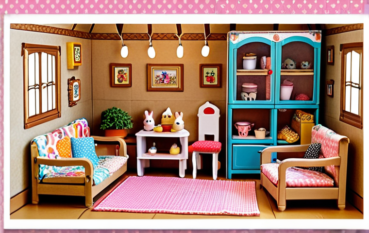 **A cozy Sylvanian Families house made from cardboard boxes, decorated with colorful fabrics and paper, featuring handmade furniture.** (Focus: Home creation, DIY)