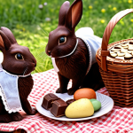 **Chocolate Rabbit Family Picnic:** Depict the Chocolate Rabbit family enjoying a cheerful picnic outdoors. Focus on details like the picnic basket, food items, and their happy expressions.