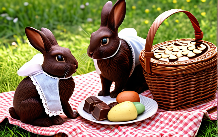 **Chocolate Rabbit Family Picnic:** Depict the Chocolate Rabbit family enjoying a cheerful picnic outdoors. Focus on details like the picnic basket, food items, and their happy expressions.